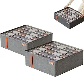 Kit C/2 Caixas Organizadoras de Roupas Íntimas com 20 Divisórias - Ideal para Meias, Cuecas, Calcinhas, Gravatas e Mais - Compacta, Dobrável, com Zíper e Fácil de Limpar - Marca Bigzu®