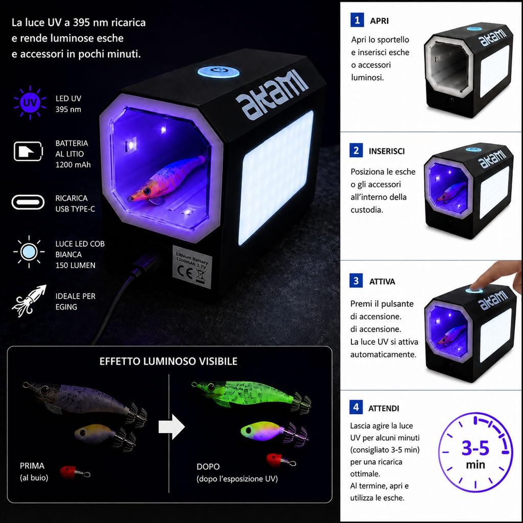 AKAMI UV-639 Box UV per Ricarica Totanare Glow e Accessori Luminosi | Lampada UV 395nm Ricaricabile Perfetta per la Pesca Eging per Calamari e Seppie | MASSIMA LUMINOSITÀ PER LE TUE TOTANARE GLOW