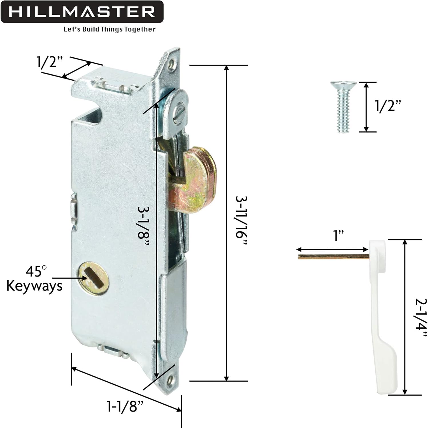 Patio Door Handle Set with Mortise Lock 45° for Replacement Mortise Style Reversible Design Non-keyed Sliding Patio Glass Door Handles, Fits 3-15/16” Screw Hole Spacing White Finish