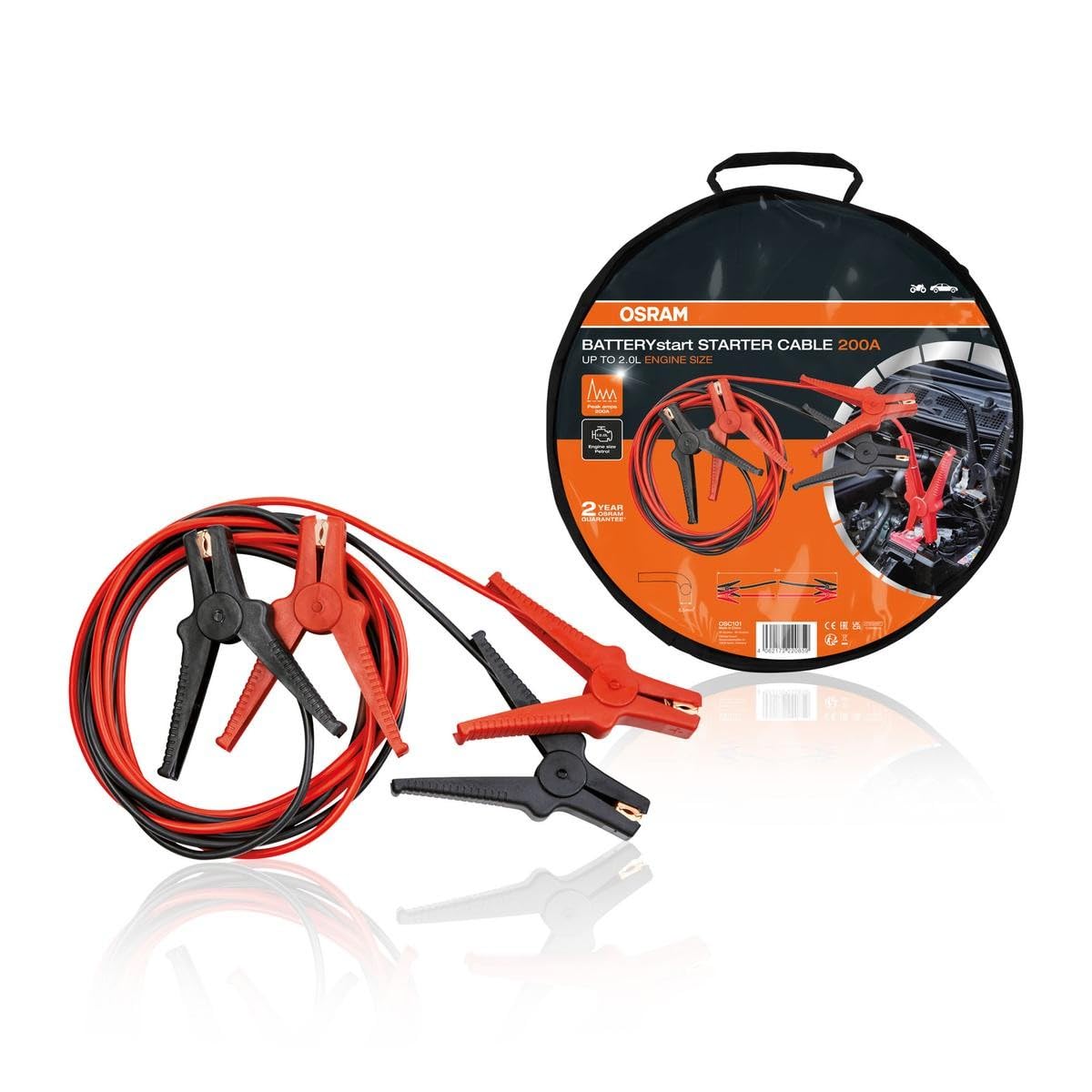 OSRAM STARTER CABLE 200A, Cavi di avviamento per motori a benzina, 6/12V, OSC101, collegamento ≤2,0L, alluminio rivestito in rame, 3m