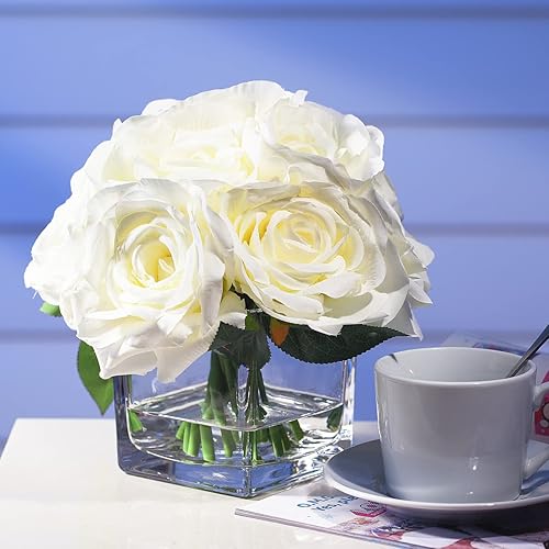 Miniatura 2 de Flores artificiales en jarrón, arreglos florales falsos en jarrón con agua sintética para bodas, mesa de comedor (crema)