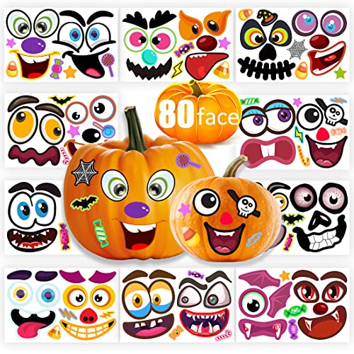 80 Packs Pumpkin Decorating Kit - Make Pumpkin Face Stickers in 20 Designs, Halloween Stickers for...