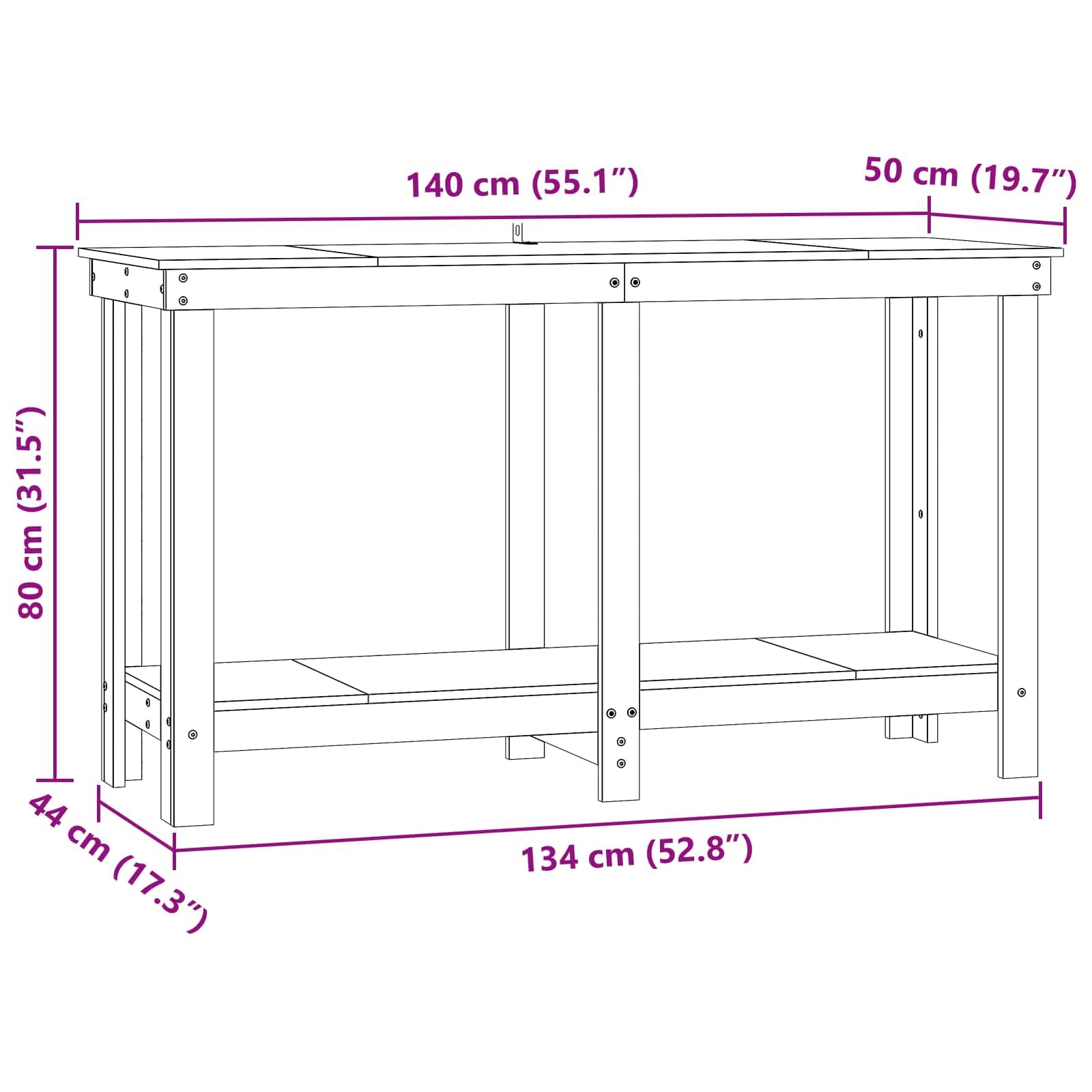 Banco da lavoro marrone cerato, 140 x 50 x 80 cm, in legno di pino massiccio con ripiani, tavolo da lavoro moderno per cucina o garage, facile da montare e superficie facile da pulire