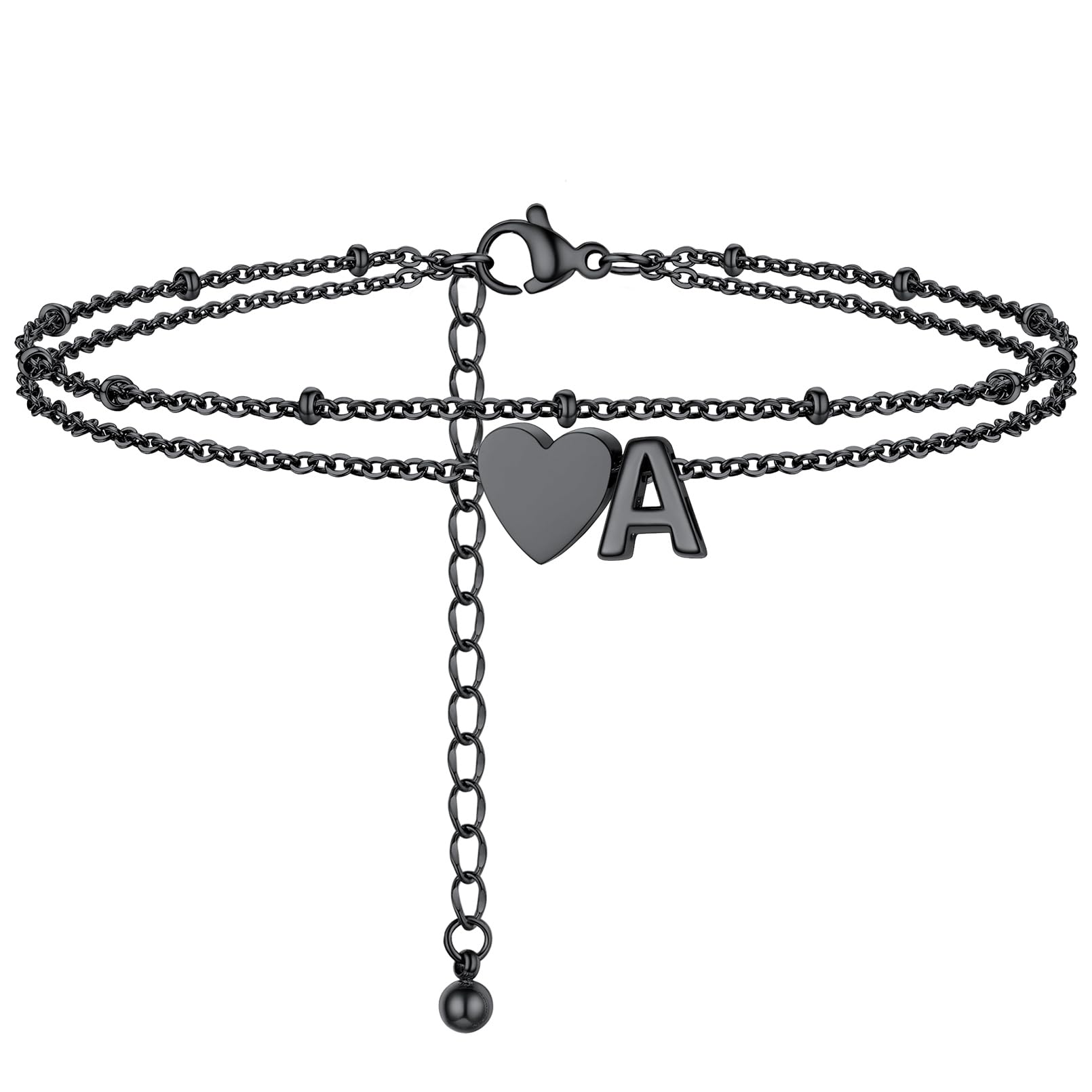 Initial Ankle Bracelets for Women, Dainty Stainless Steel Letter A-Z Layered Anklets, Heart Ankle Bracelet 8.5"-10.5" Adjustable, Summer Beach Jewelry
