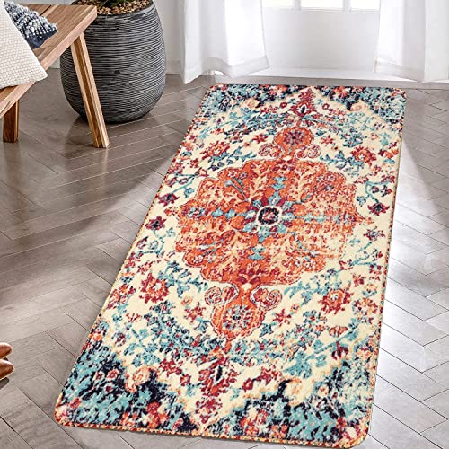 KIMODE Teppich Läufer Flur 60 x 120 cm,Boho Blumen Medaillon Orientalischer Distressed Fußmatte...