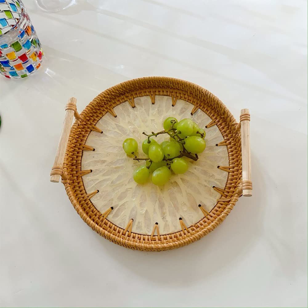 Bac à rotin en coquille et plateau bohème tressé main avec poignée bois