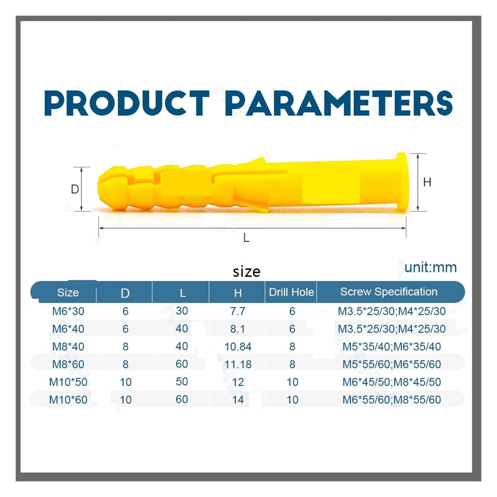 Lot de 170 chevilles en plastique pour vis autotaraudeuses M6 M8 M10 (60 mm, 50 pièces)