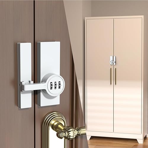 Miniatura 5 de Paquete de 2 cerraduras blancas para puerta de granero de 180 grados, contraseña de 3 dígitos, cerradura mecánica de contraseña, pestillo abatible