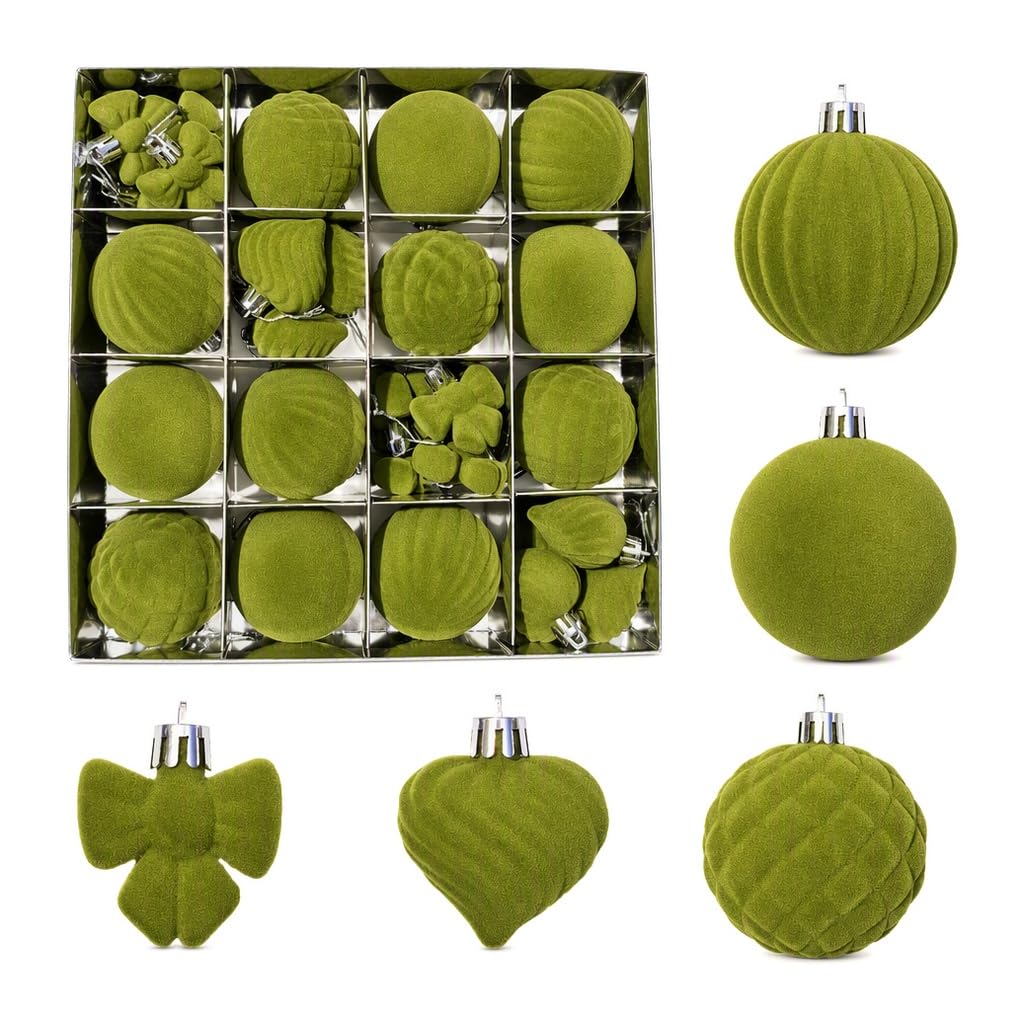 32pcs Velvet Christmas Baubles, Shatterproof Christmas Ornaments​ Set，Green