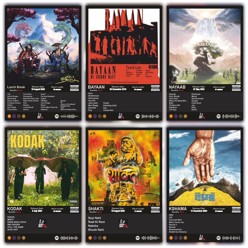 Image of POSTERONN Seedhe Maut A4 Hip Hop Wall Posters Pack of 6 | Desi DHH Music Theme Prints | Unframed Wall Art for Bedroom Living Room Studio | Double Tape Included Dark Style