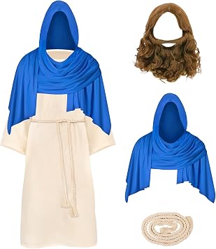 Jesus Costume Kids Religious Jesus Christ Costume Set With Shawl, Jesus Wig, Jesus Robe & Belt Cord for Boys and Girls, Ideal for Religious Events, Halloween Party, Costume Party Blue 3-4 Years