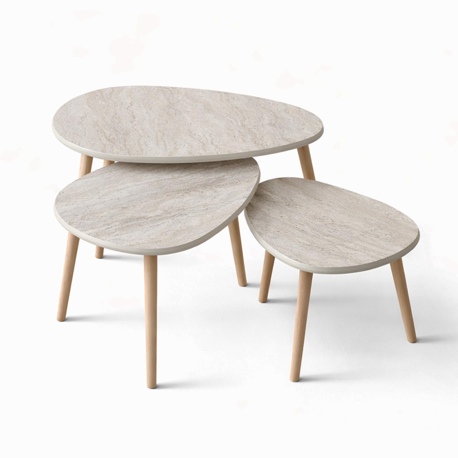 CONCEPTO FÁBRICA | Set 3 Mesas Bajas Gigognes Efecto Travertino Beige Tira | Diseño Elegante y Modulable | Bandeja MDF 1,8 cm | Estilo Contemporáneo | Ahorro de espacio para salón práctico y agradable