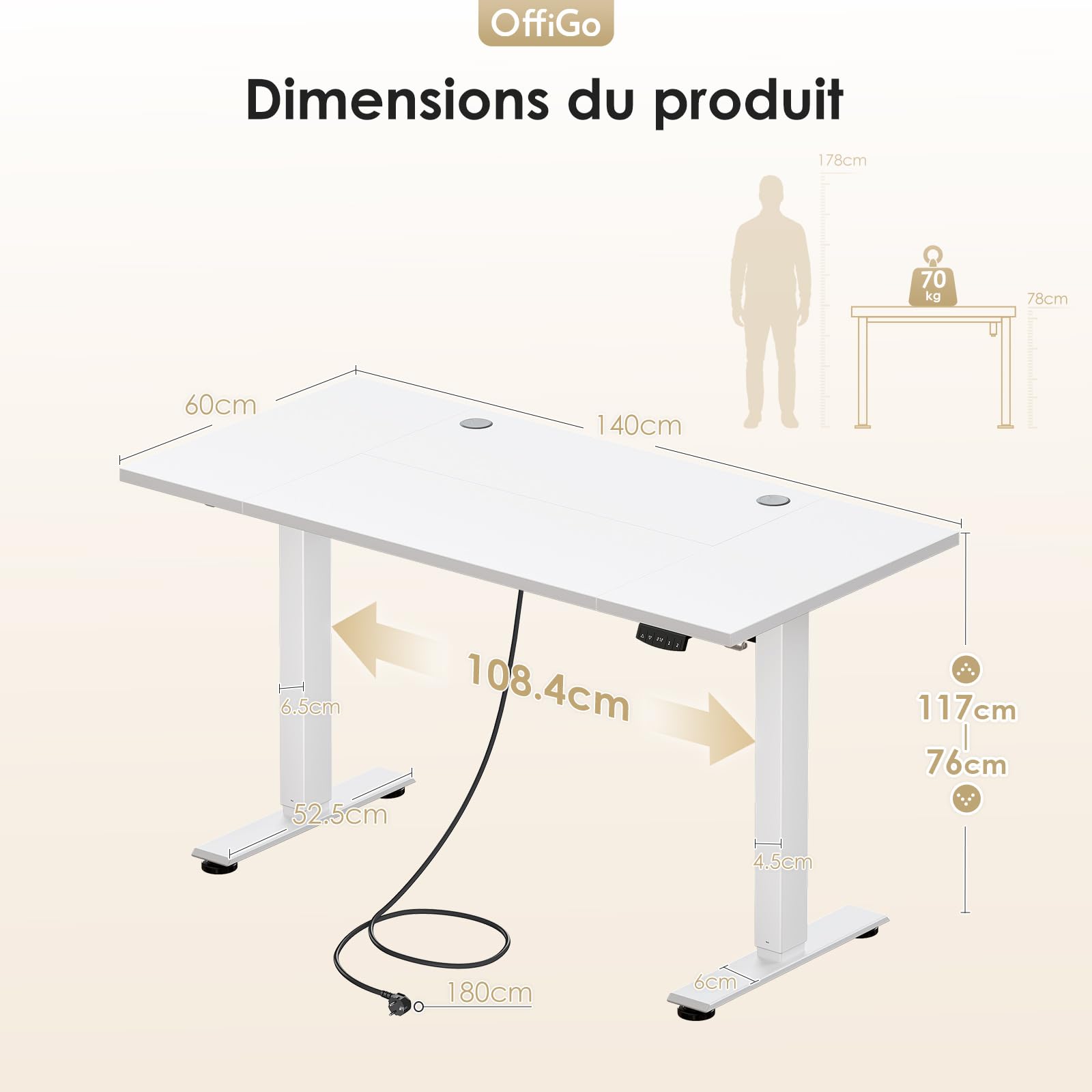 OffiGo Bureau Assis Debout électrique 140cm, Table Ergonomique avec 3 Fonctions Mémoire, Standing Desk Blanc