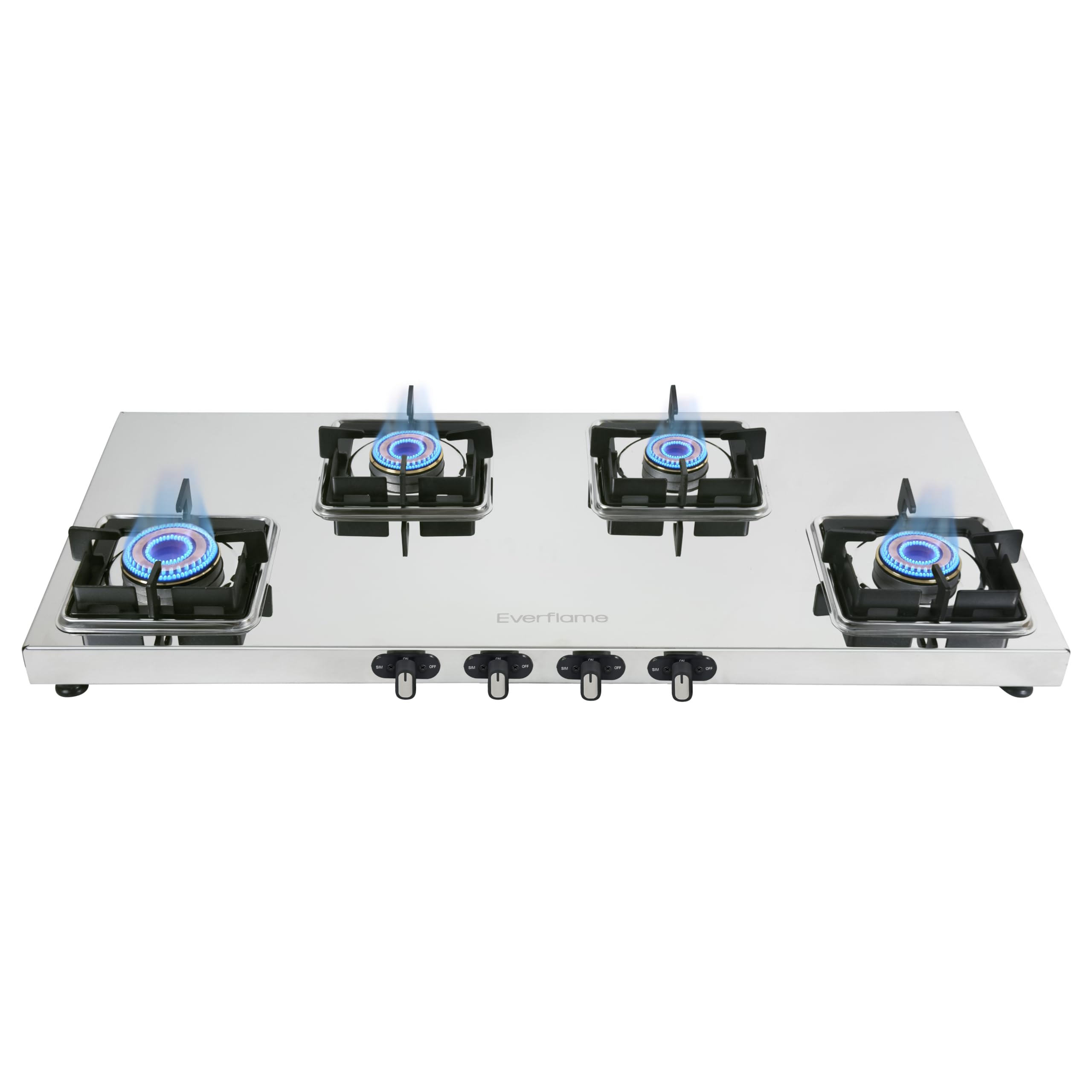 Everflame Prime 4 Burner (Long) Stainless Steel Gas Stove | 1.2mm Thick Jointless SS Body | Manual Ignition | ISI Certified SS Cooktop Series | 2 Years Manufacturer Warranty