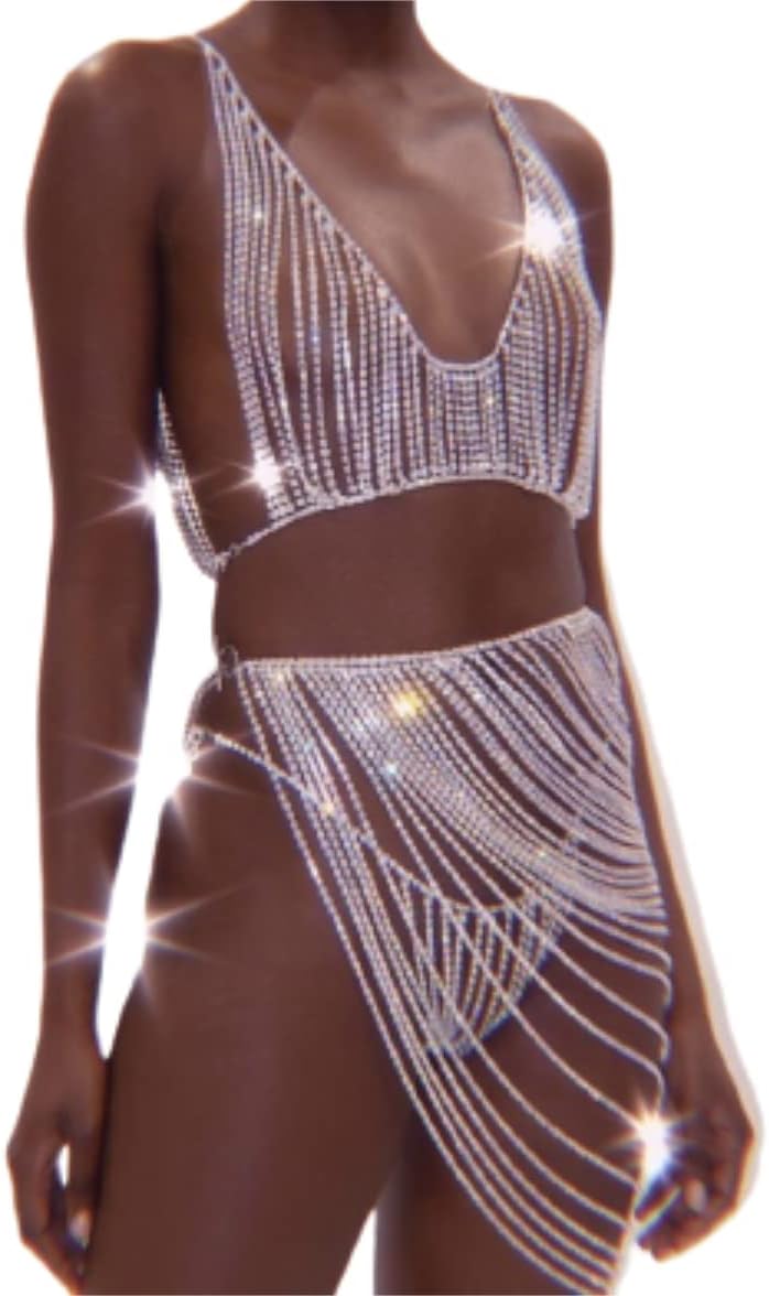 Woman Sexy Body Chain Chest Chain Rhinestone Fringed Panties Bra Chain Crystal Bikini Lingerie (Golden)