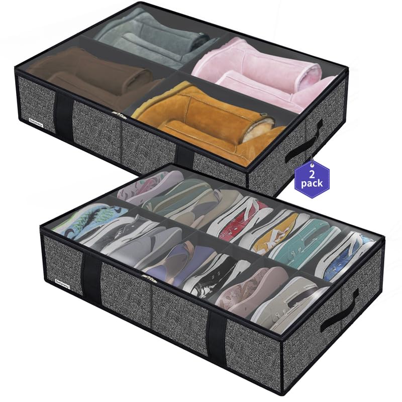 homyfort Under Bed Scatola Organizzatore Scarpe per Camera da Letto, Custodia Portascarpe a 14 + 4 Scomparti, Pieghevole in Tessuto, 86 x 60 x 15 cm, Lino nero, 7XAUBS14S4