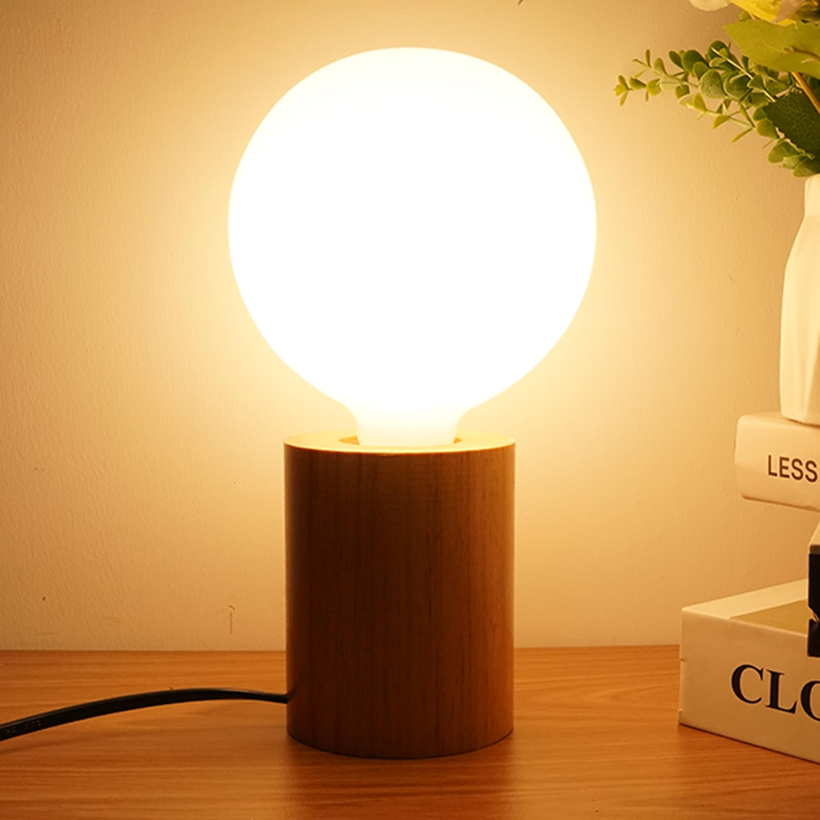 Wood Table Lamps, Industrial Bedside Table Lamp, 3000K Warm White, Desk Lamp with Cable,On-Off Switch, 7W E27 LED Bulb, Non-Dimmable, Wooden Lamp Base Small Table Lamp for Living Room Bedroom — image 1