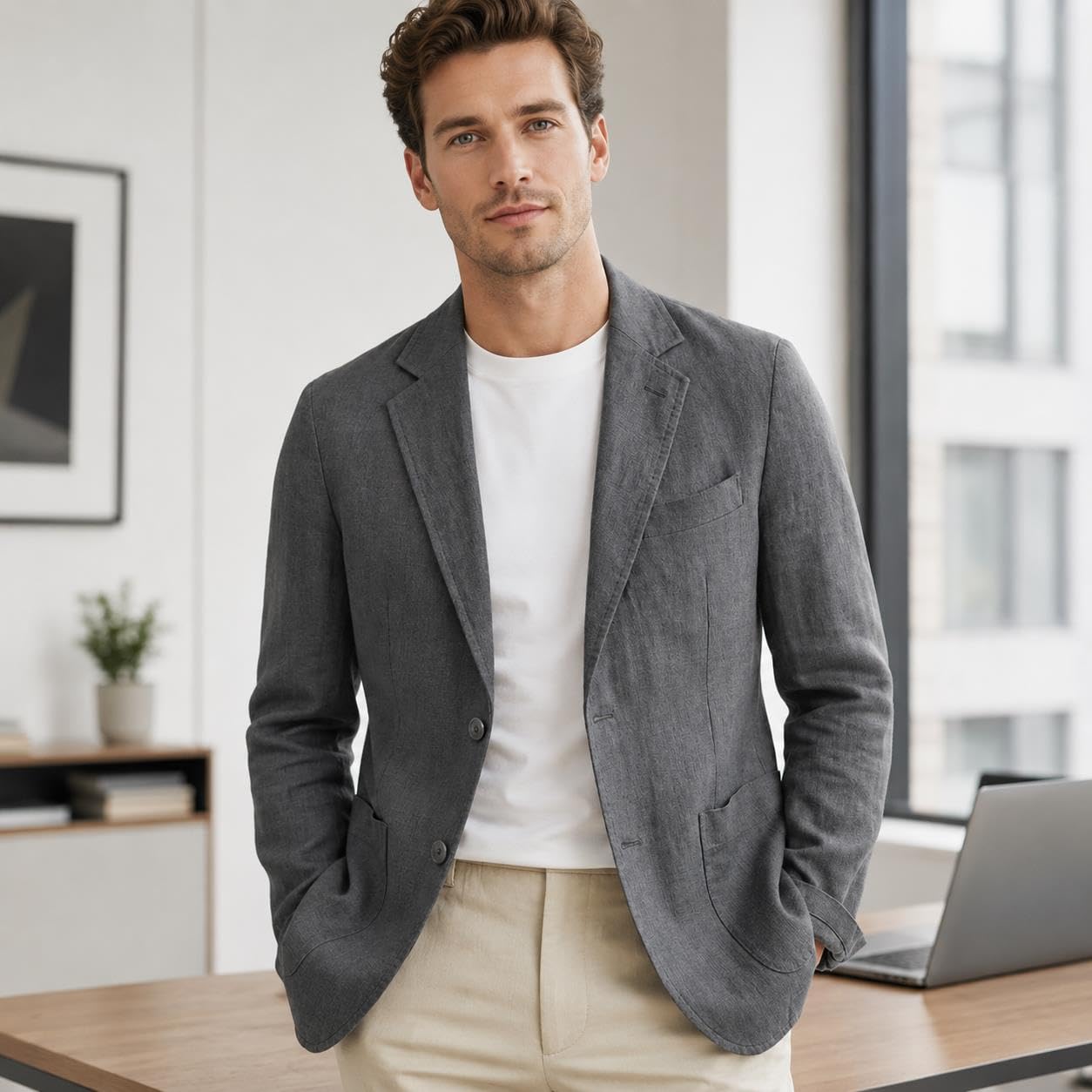 Blazer De Lino para Hombre Traje De Lino De Corte Relajado con Solapa De Muesca Y Bolsillos De Parche Blazer Ligero Lavable De Dos Botones Elegante Informal Ideal para Primavera Verano Oficina Y Via