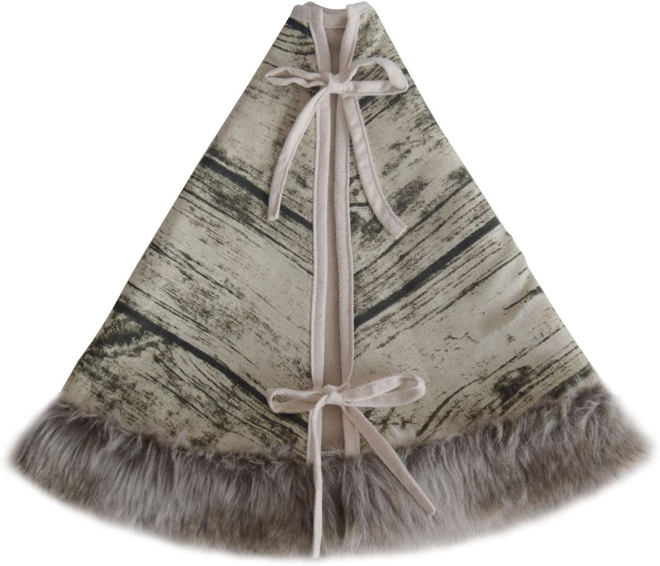 Printed Birch Bark Rustic,Printed Faux Linen Center,Luxury Grey Stripe and Beige Grey Mixed Color Faux Fur Border,Vintage Nordic Style Christmas Tree Skirt-48inch