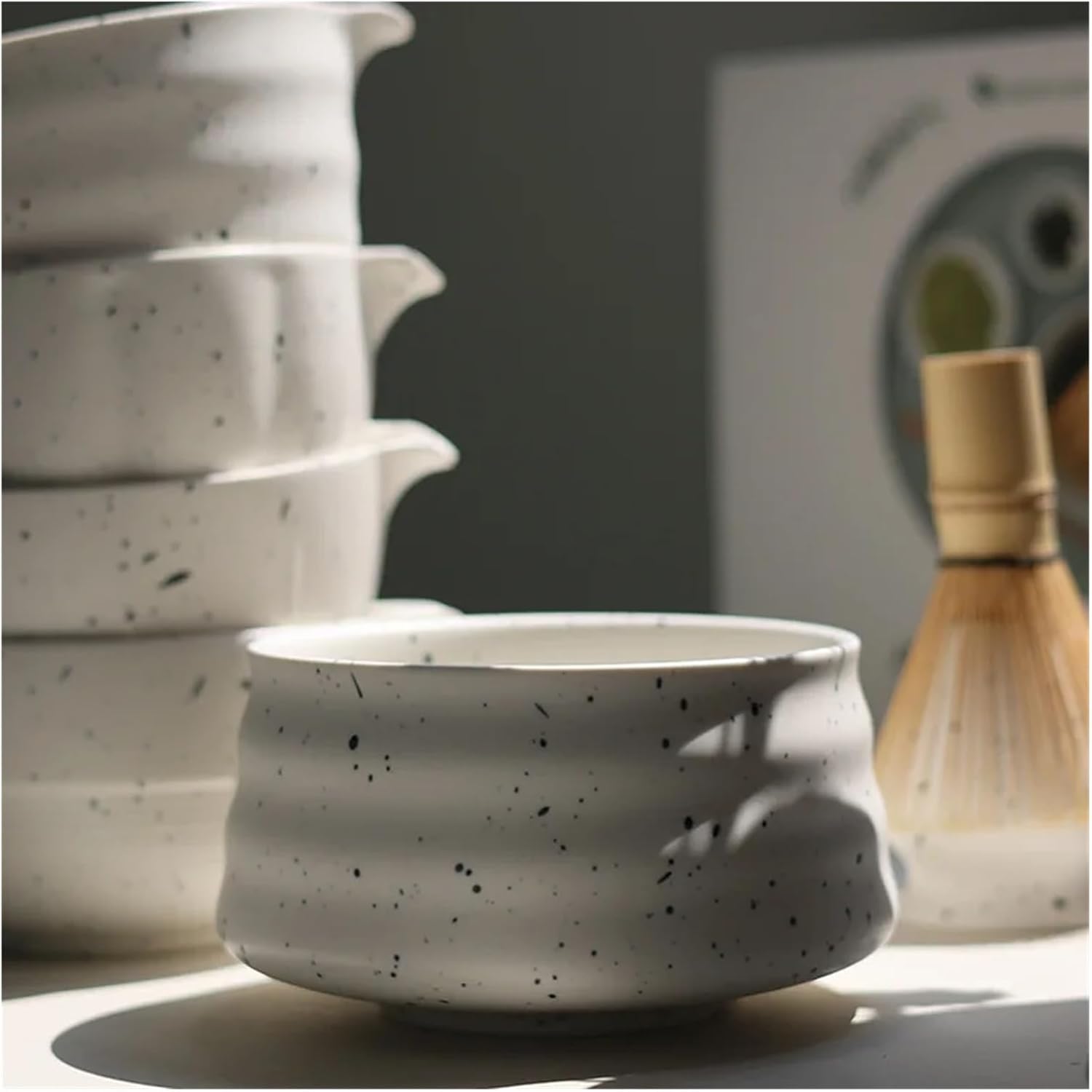 Ceramic Matcha Tea Set Handmade Bowl Bamboo Whisk Spoon Holder Accessories Ceremony Gift(Set D-5PCS)