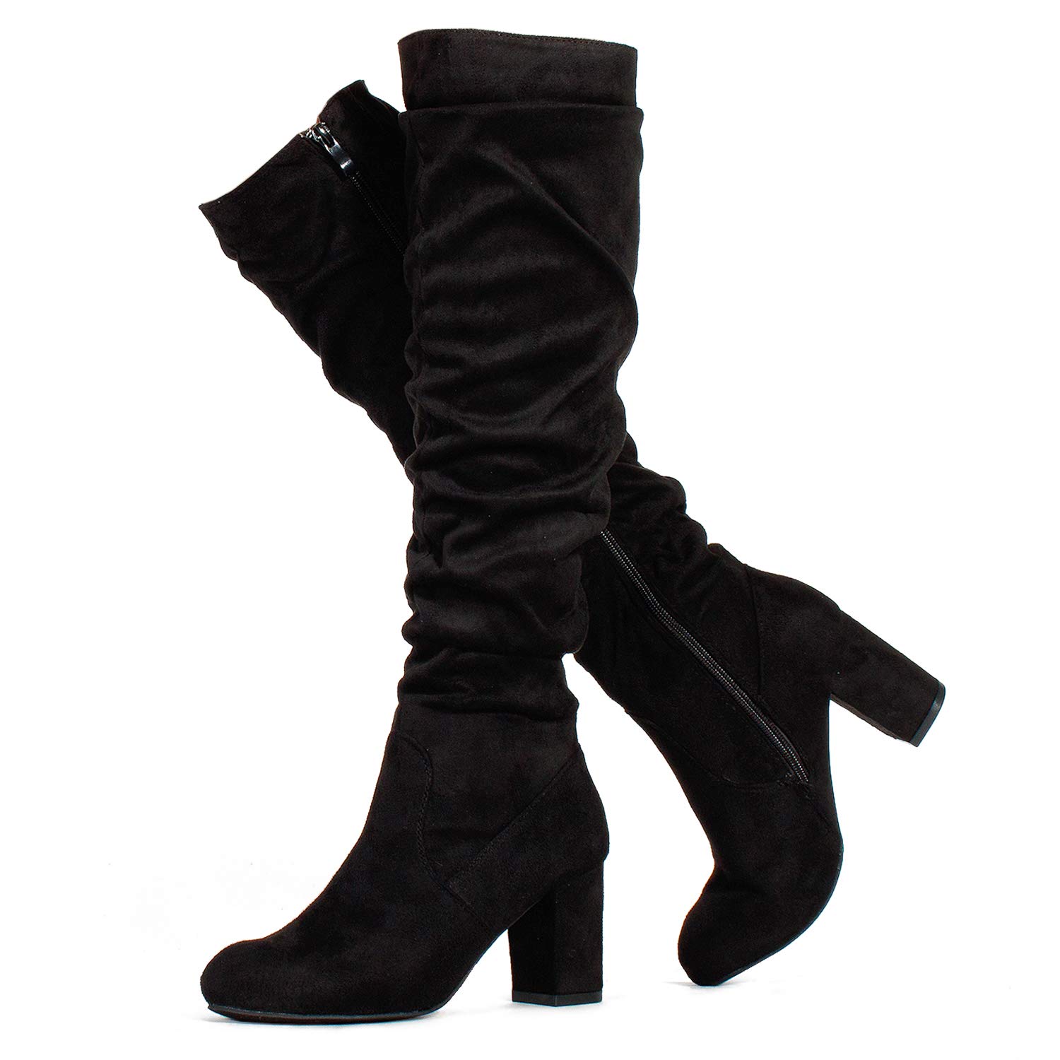 stacked heel knee high boots
