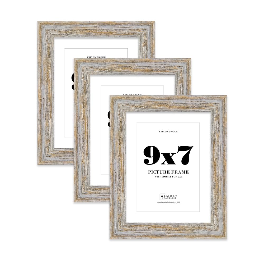 9x7" Walnut Woodgrain Picture Frame with 7x5" Mount - Shabby Chic Photo Frame with Distressed Finish, Wall Hooks and Kickstand, 32mm Edge - 3 Pack