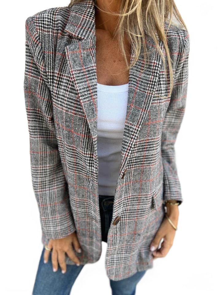 Womens Tweed Blazer Long Plaid Houndstooth Blazer Casual Dressy Business Work Suit Jackets