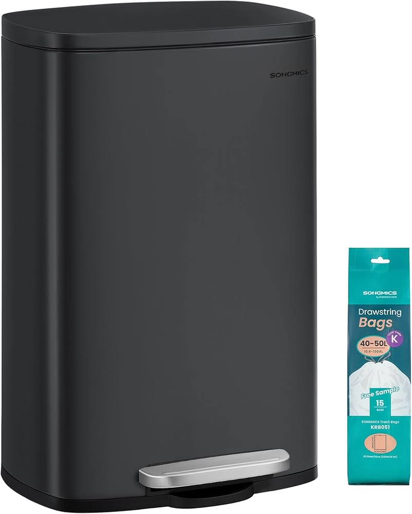 SONGMICS 13 Gallon (50 L) Trash Can, Stainless Steel Kitchen Garbage Can, Recycling or Waste Bin, Soft Close, Step-On Pedal, Removable Inner Bucket, Black ULTB050B01