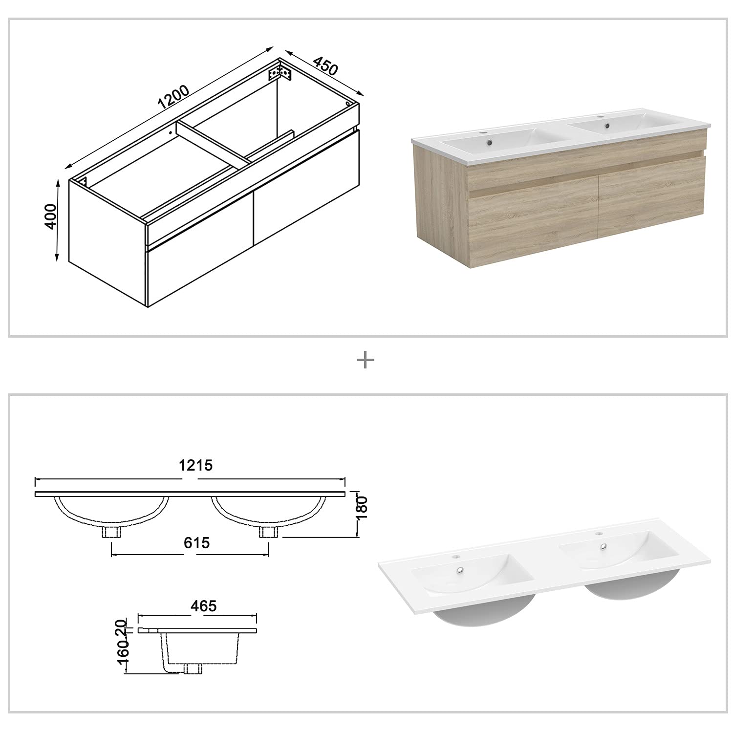 AICA Ensemble Meuble Salle de Bain 120cm Double Vasque avec Colonne + Miroir 3 Couleurs Chêne Wotan