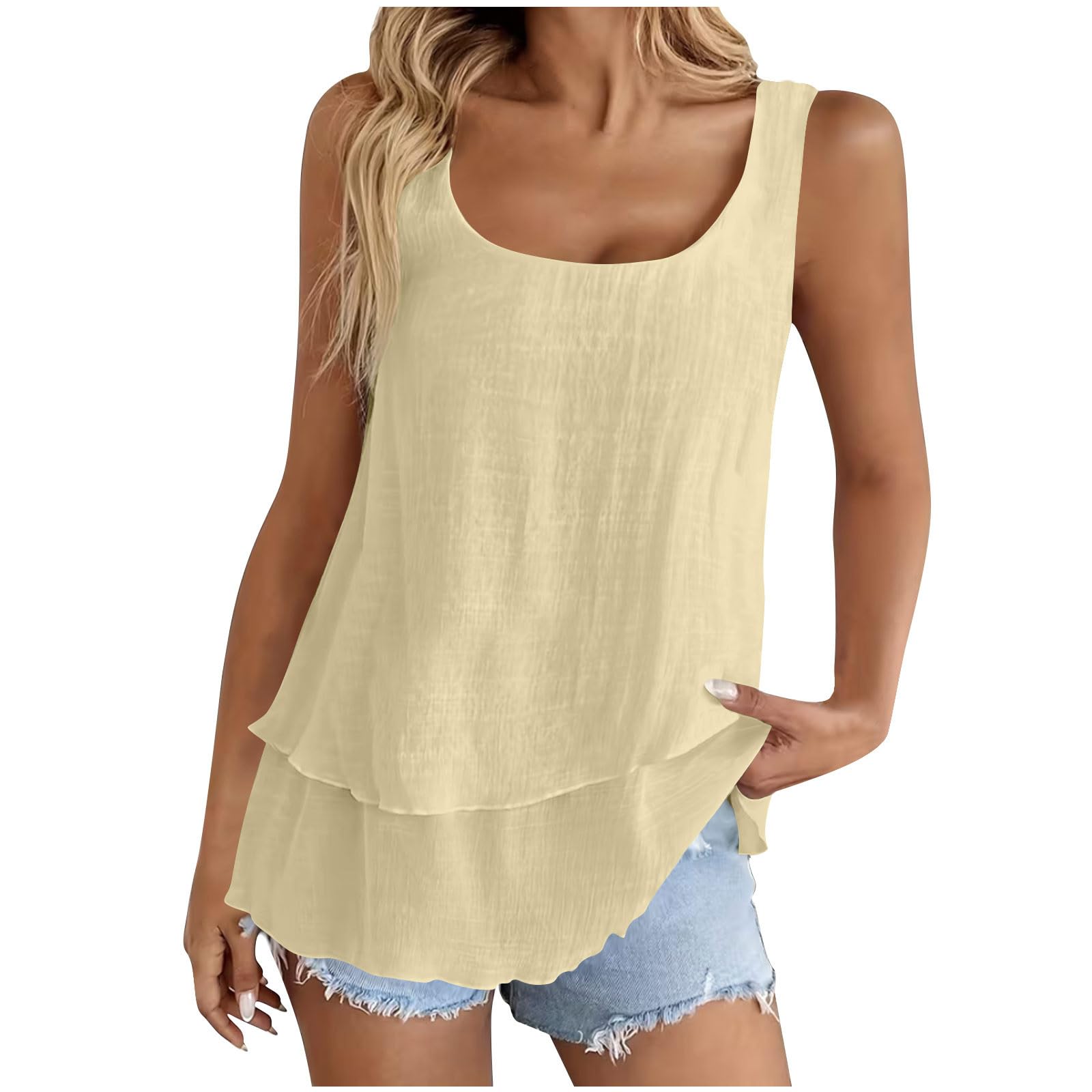 Tank Top Damen Sommer,V-Ausschnitt Doppelter Saum Leinenbluse Elegante Ärmellose Shirts Leinenshirt Baumwolle Einfarbige T-Shirts Basic Blusentop Musselin Tanktops für Urlaub Strand