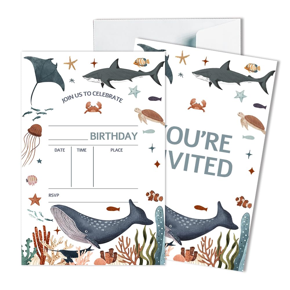 Photo 1 of Children's Birthday Party Invitation Cards Kids Under the Sea Pool Party Birthday Party Invites for Girls Kids Sea Creatures Whale Turtle Shark Jellyfish (20 Cards with 20 Envelopes) - JRM422