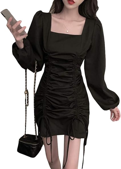 Amazon Co Jp Beibangタイト ワンピース レディース 長袖 ミニワンピース ボディコン セクシー ワンピ ギャザー スクエアネック おしゃれ キャバ嬢 ドレス 可愛い 服 ファッション小物
