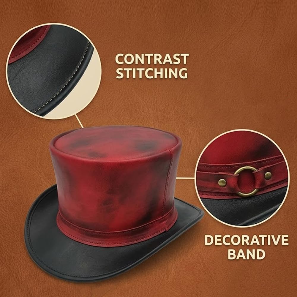 Handcrafted Dual-Tone Leather Top Hat - Genuine Matte Leather Victorian Headwear - Artisan Gothic Cosplay Hat
