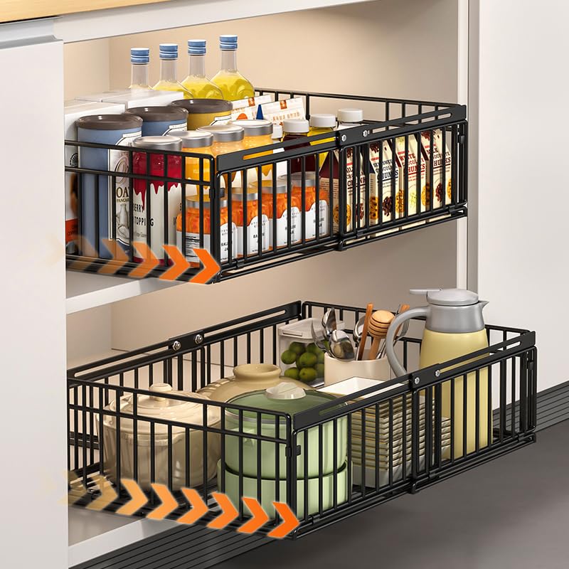 2 Pack Expandable Pull Out Cabinet Organisers No Drill, Pull Out Kitchen Storage, Slide Out Drawer Organiser Cupboard for Kitchen, Under Sink, Pantry, Bathroom, Adjustable Width 30cm to 51cm, Black