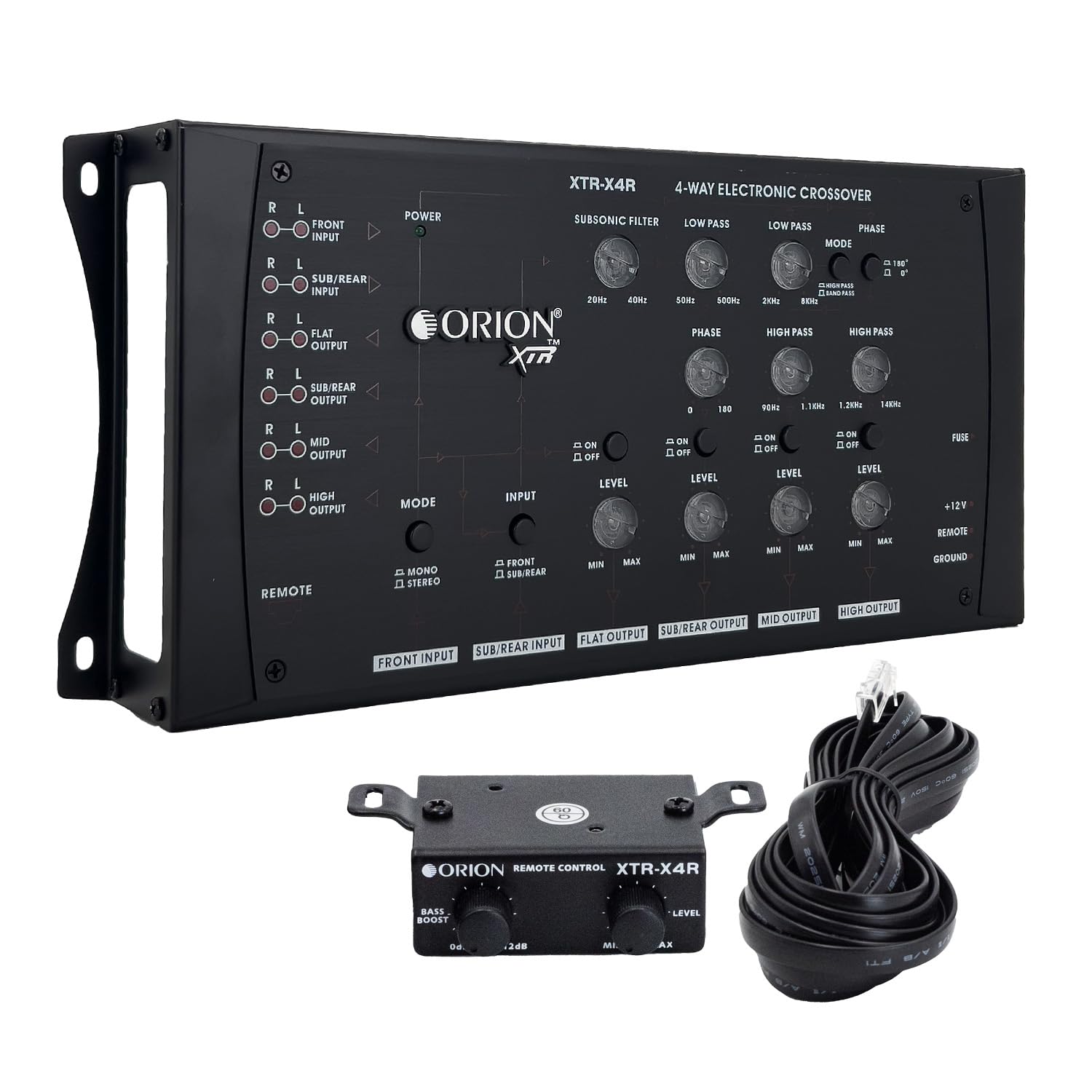 Orion XTR-X4R 4-Way Electronic Crossover Network – 2-Channel Input, 4-Channel Output, Illuminated Control Panel, Rotary Knobs, 12dB/Octave Slope, Remote Bass Boost, Adjustable Frequency Controls