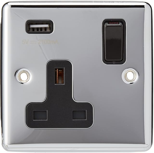 AET USBCPC1GSOCBL Polished Chrome Classical 1 Gang Socket w/USB Charging Port Black Insert Plastic Rocker-13 Amp Single Plug Socket & USB Power Outlet