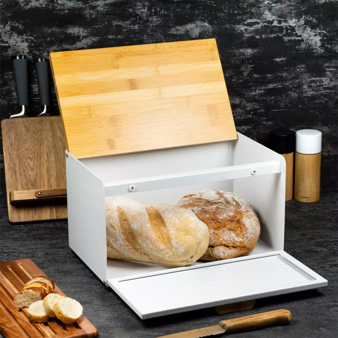 Klausberg Brotkasten Brotkasten Küche Aufbewahrung Lebensmittel Edelstahl Holz Brot Aufbewahrung (Weiß)