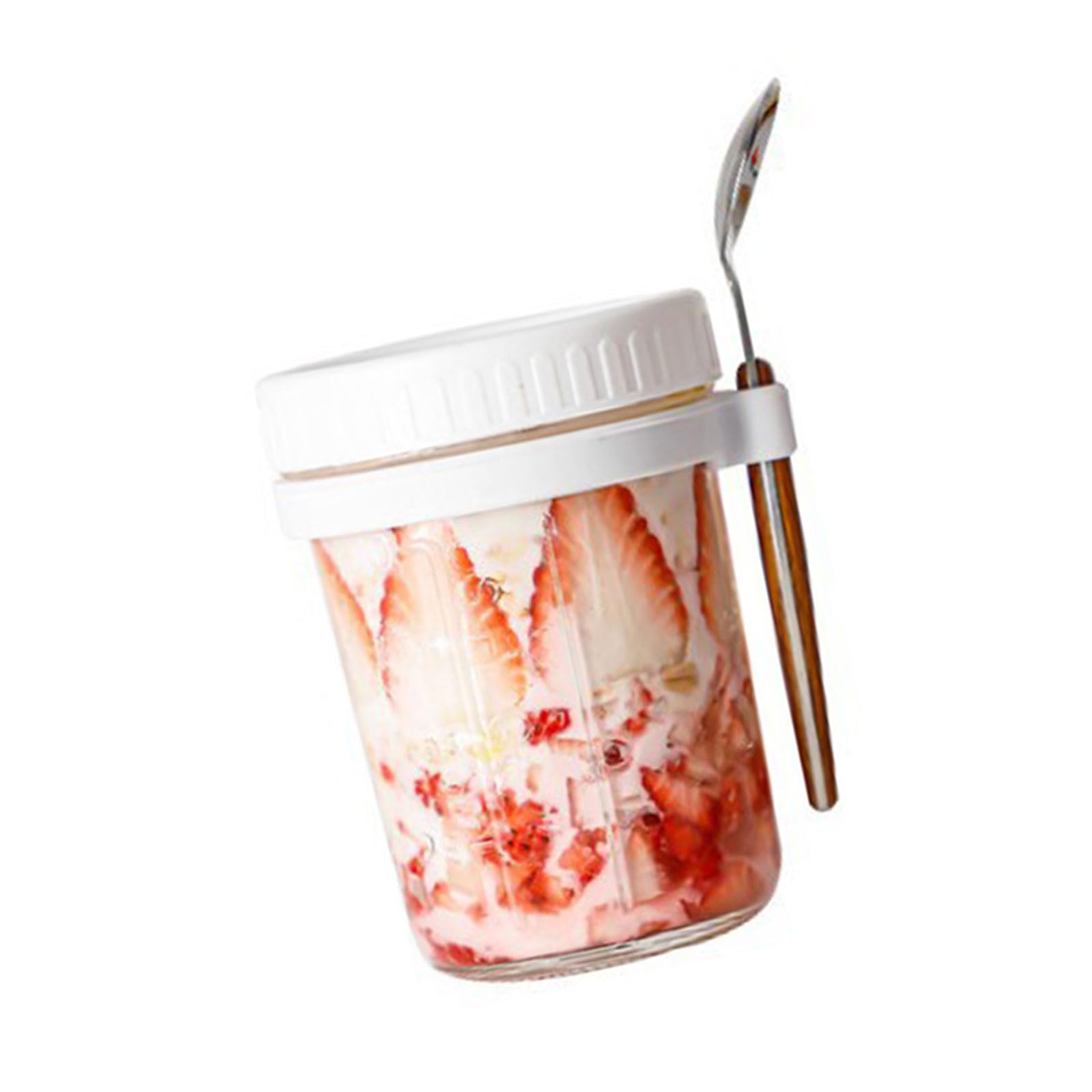 Veltros Glass Storage Jar with Cover and Spoon for Oatmeal Fruits and Nut Elegant Overnight Oats Jar Impermeable Glass Cup with Hanging Spoon