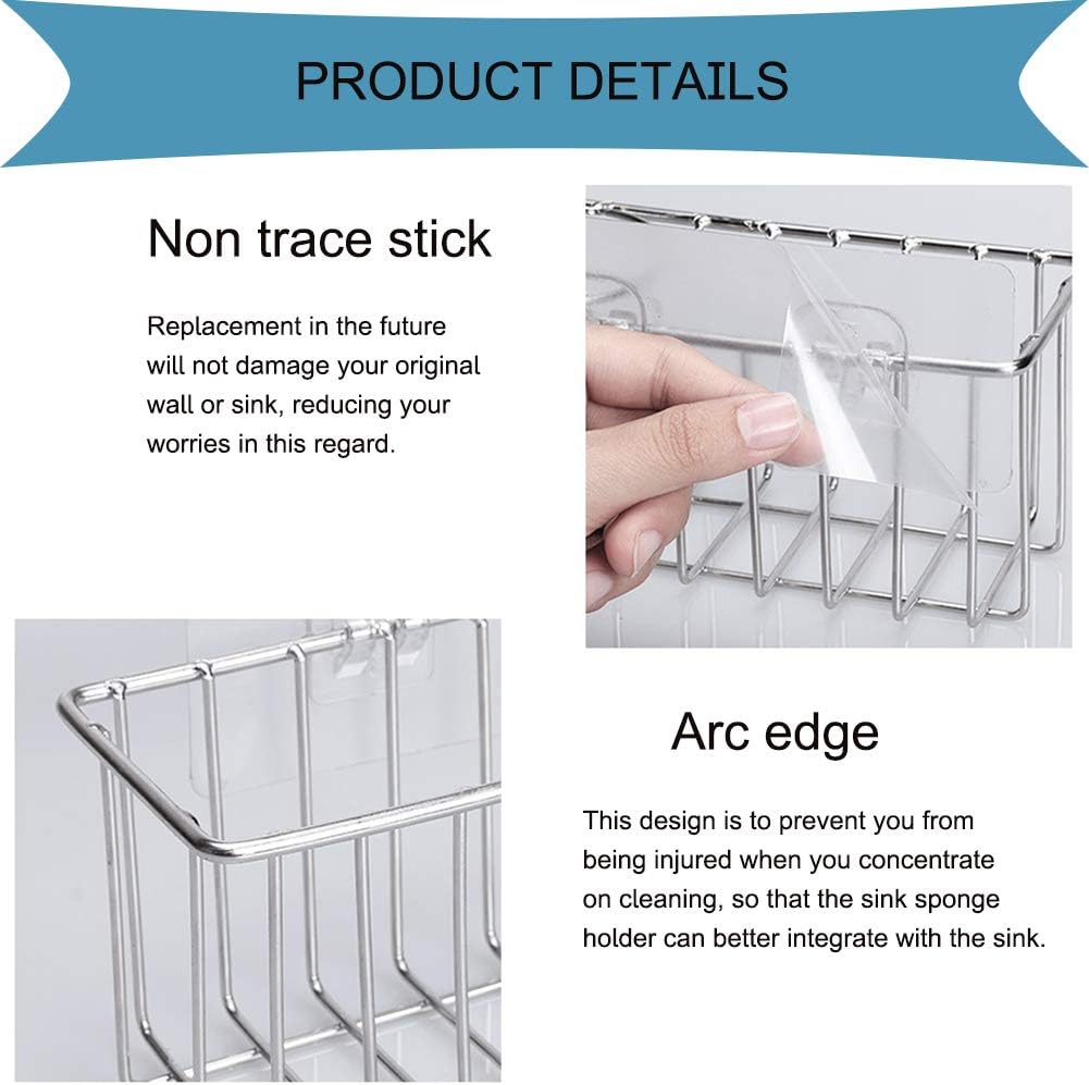 Sink Organizer Adhesive Sponge Holder with Brush Holder, 2-in-1 Sink Caddy for Kitchen, SUS304 Stainless Steel Rustproof Waterproof,No Drilling