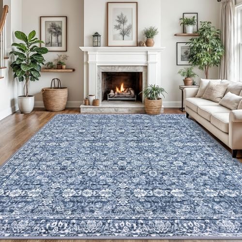 Blue 9x12 Area Rug, Vintage Floral Large Washable Rug for Living Room Non-Slip Ultra Soft Bedroom Rugs Tribal Traditional Farmhouse Carpet for Dining Room Office Home Décor