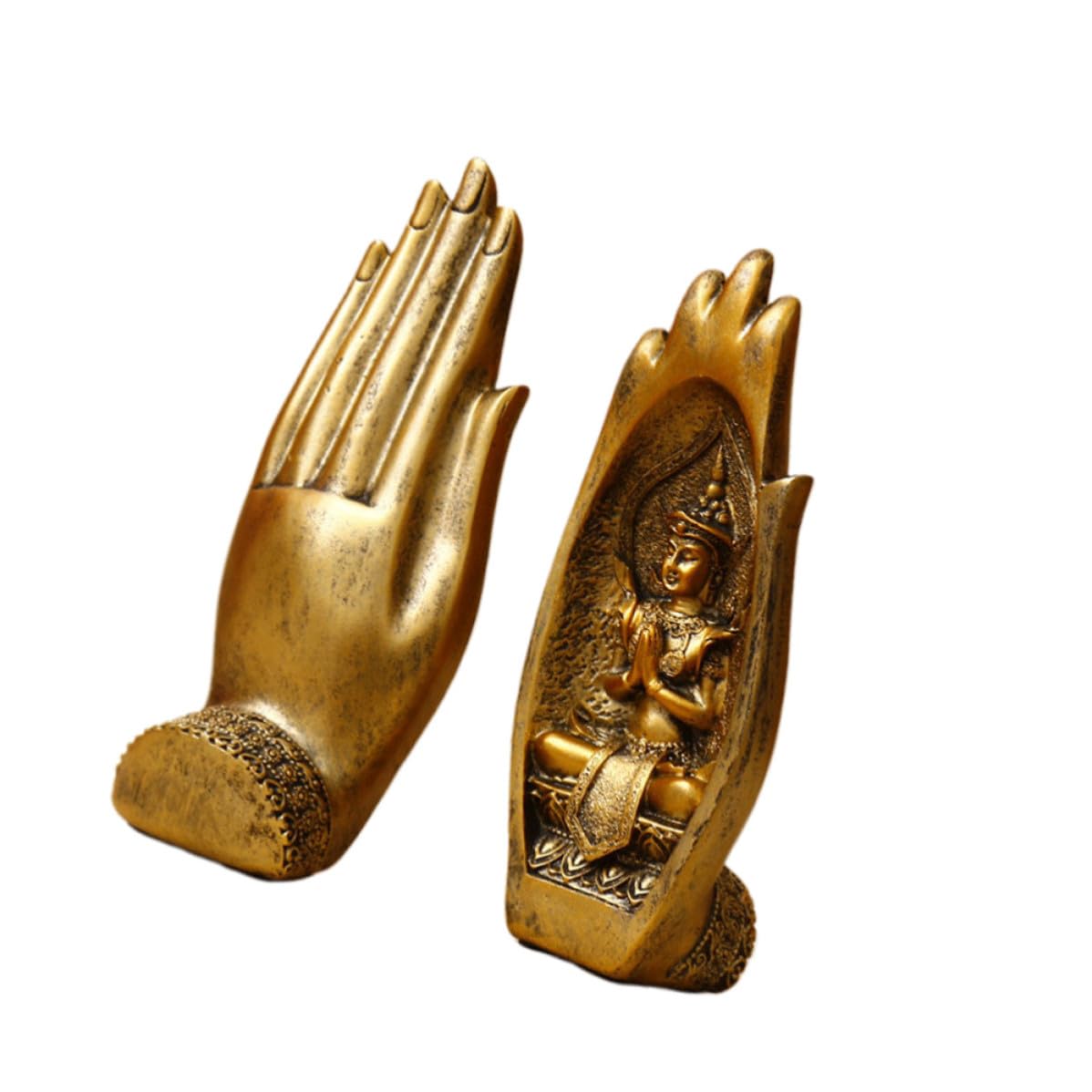 Figura Artesanal Decorativa de Resina de Dorada Mano de Buda