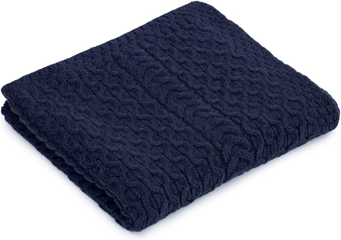 SAOL Bed Throw Blanket Irish Aran 100% Soft Merino Wool 60x36 Inches (Navy)