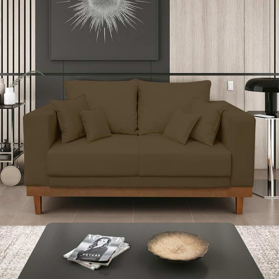 Sofá Living 2 Lugares Suede Resistente Madeira + Almofadas Marrom