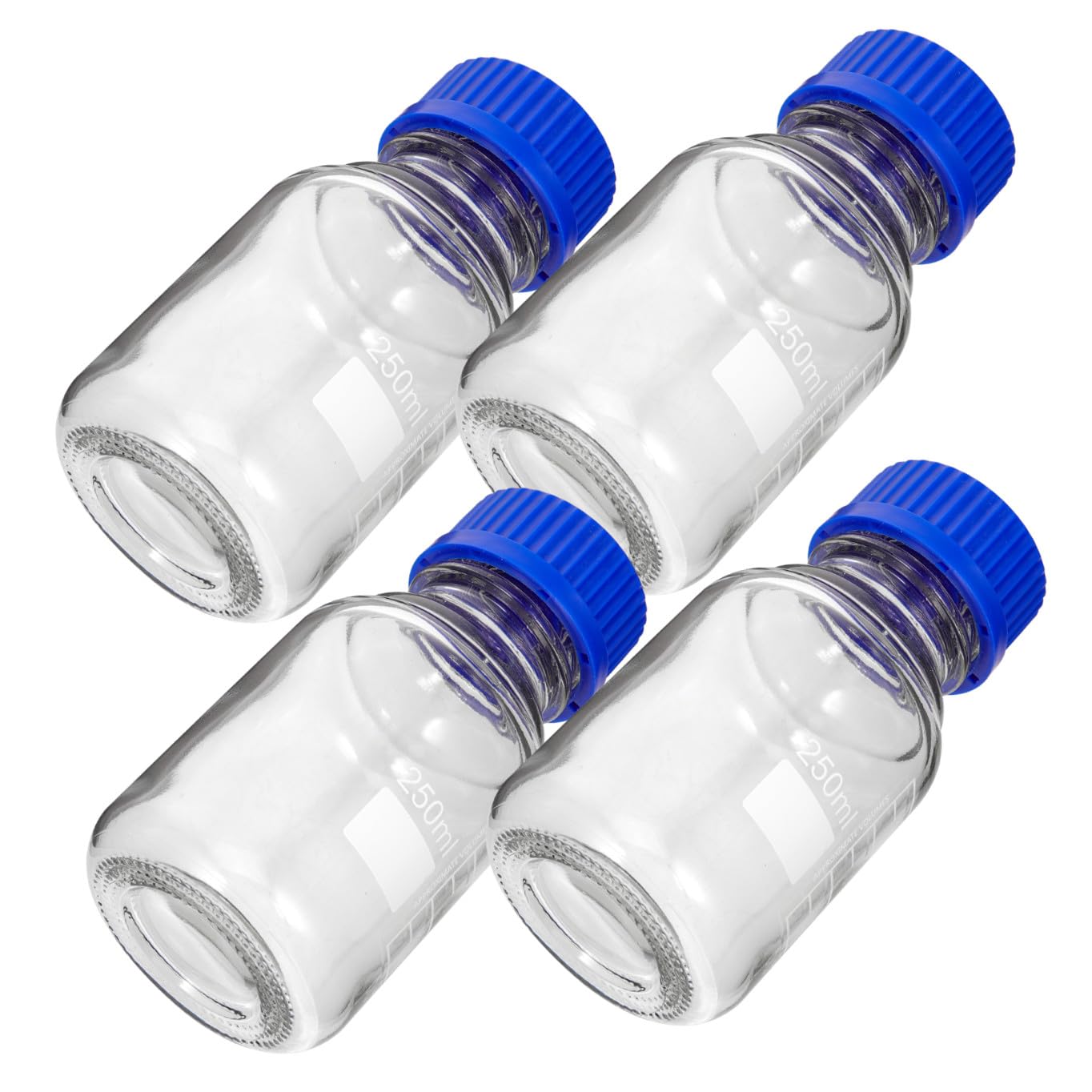 POPETPOP Bottiglia Reagente Graduata in Vetro con Tappo a Vite 4 Pezzi | Capacità 250ml, Coperchio Blu, Design Quadrato con Scala, per Istituti Chimici e Aula
