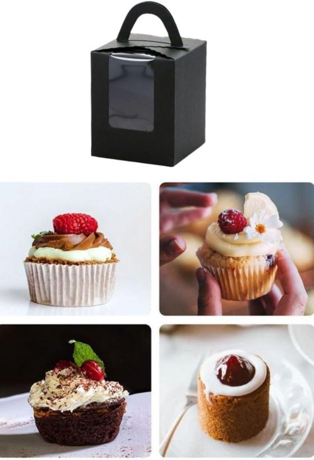 Hewnda 20Pack Single Cupcake Boxes,Portable Individual Cupcake Gift Boxes Containers Holders Boxes with Window and Inserts for Bakery Wrapping Party Favor Packing (black)