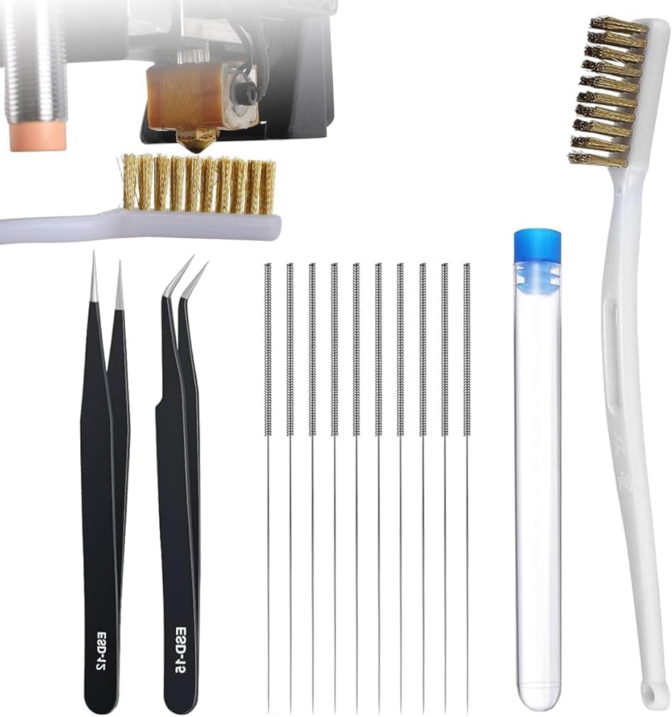 Serplex® Comprehensive 3D Printer Nozzle Cleaning Accessories Kit with 10 Fine 0.4mm Needles, Metal Brush, Straight & Curved Tweezers for Efficient Extruder Maintenance & Clog Removal