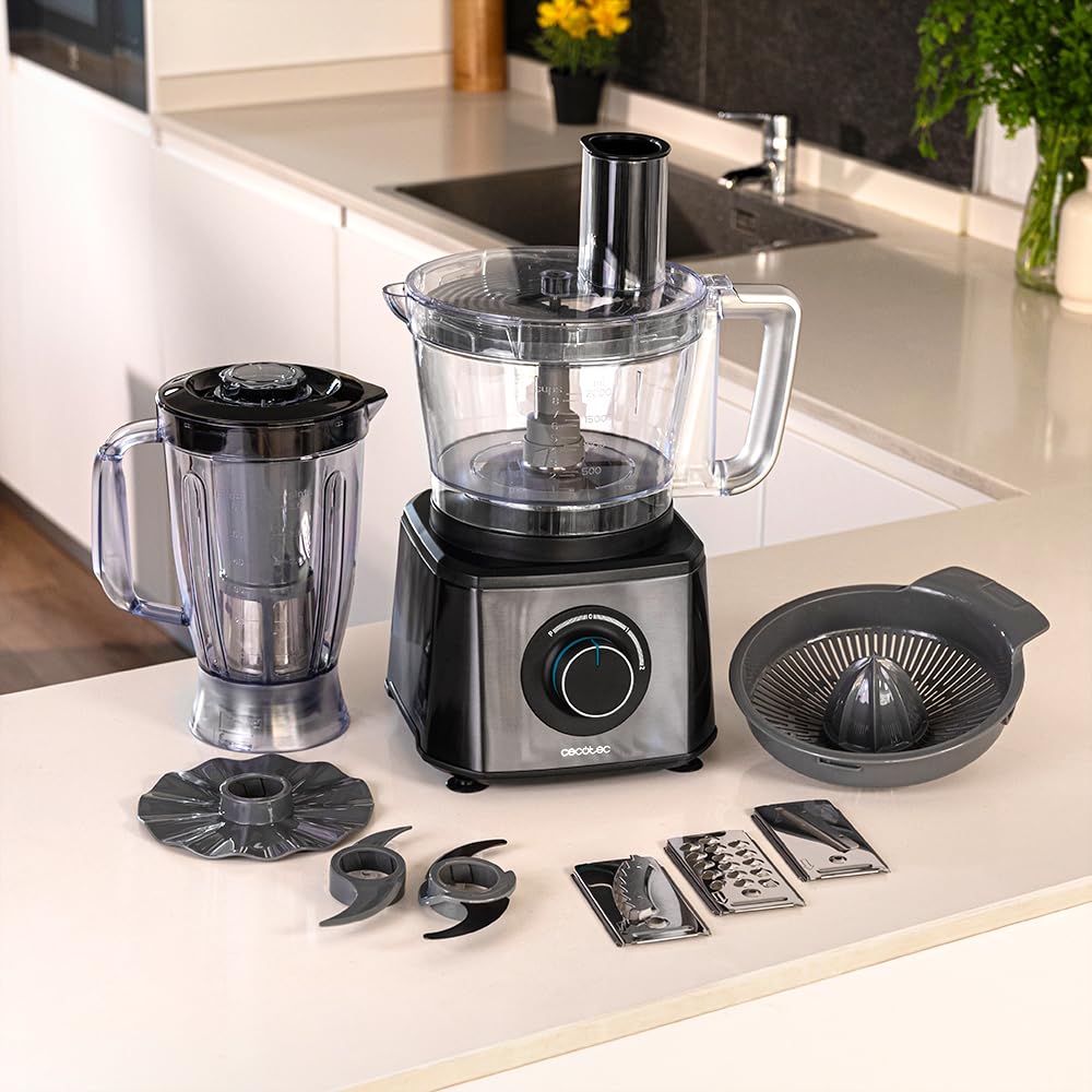 Cecotec Lebensmittelprozessor Paprika 1300 Full, 2000W Leistung, Edelstahl, 2 Geschwindigkeiten, 3 Schneidscheiben, inklusive Schüssel 3,5 L, Krug 1,8 und Saftpresse
