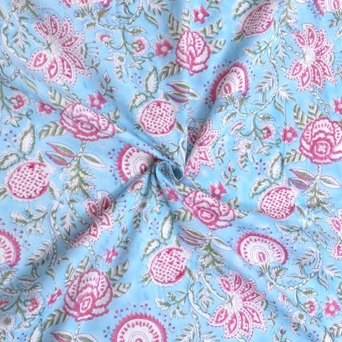 Image of TOAIArt Premium Jaipuri Dohar | AC Blanket Summer Quilt | Hand Block Printed | 3 Layers | Reversible | 150GSM 100% Mulmul Cotton | 100% Cotton Flannel Filling | Single 60 inch X 90 inch |Pink Florals on Blue
