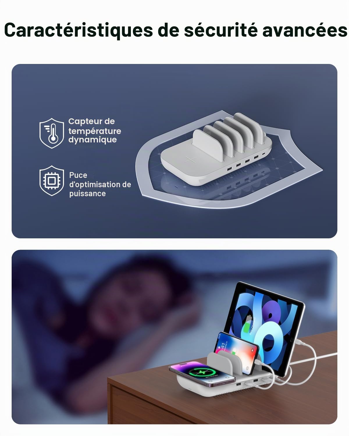 Station de Charge SooPii 70 W pour Plusieurs appareils, Station de Charge 5 Ports avec Chargeur sans Fil 15 W, Charge Rapide USB C PD/PPS 25 W pour appareils