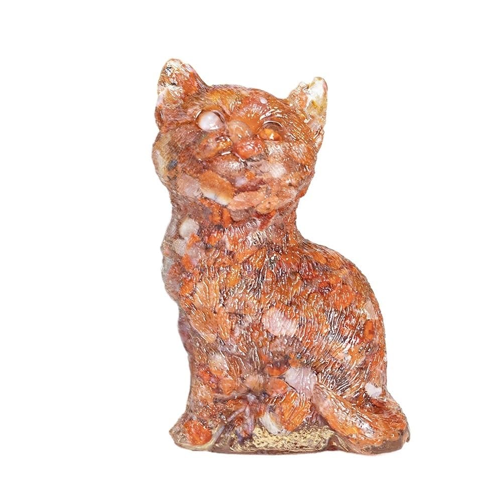 HUFFA Natural Crystal Sitting Cat Figurine - Resin-Filled Desk Decoration with Raised Head(Redagate)